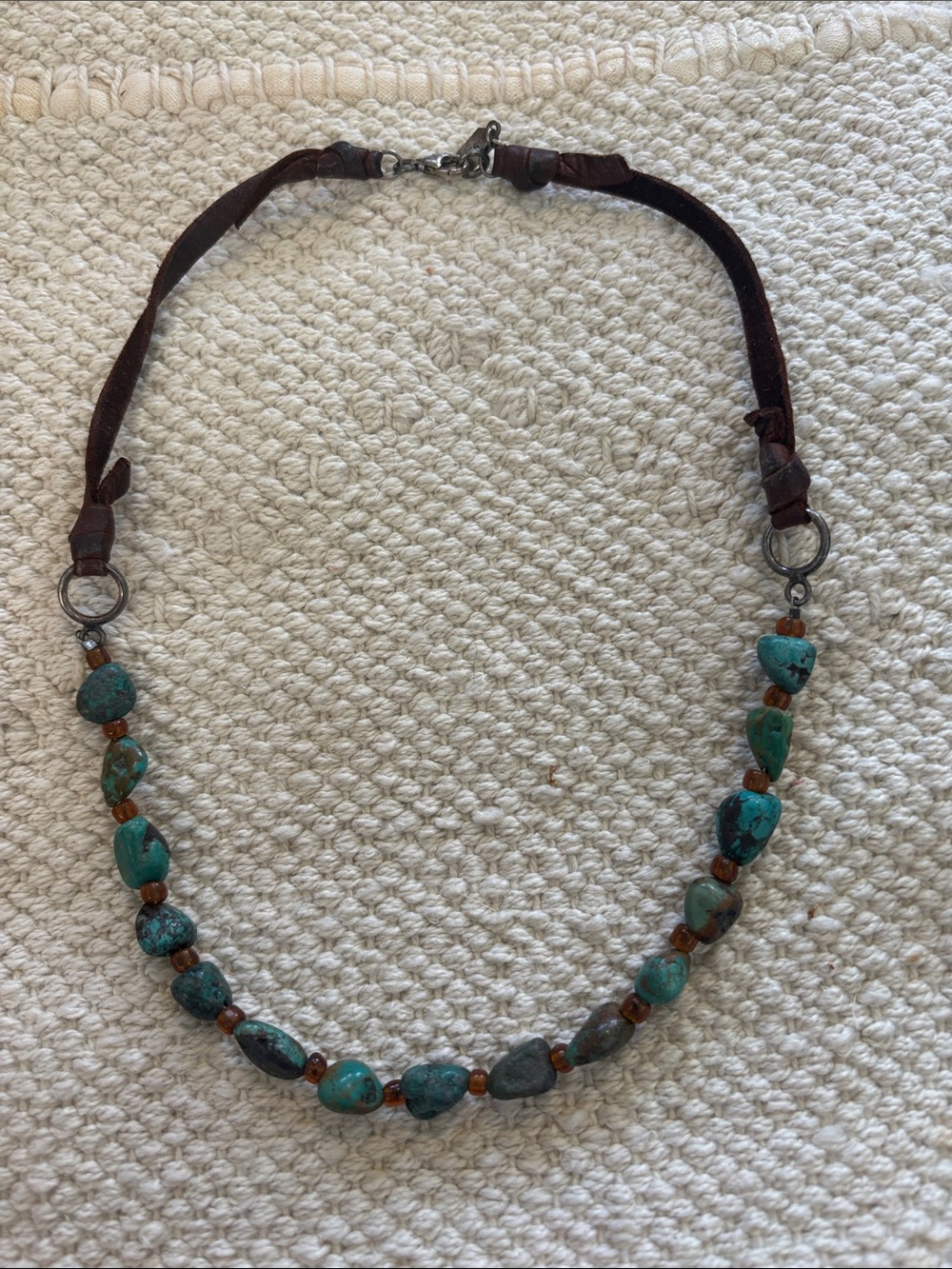 Peyote Bird Turquoise Bead Necklace with Brown Leather Boho